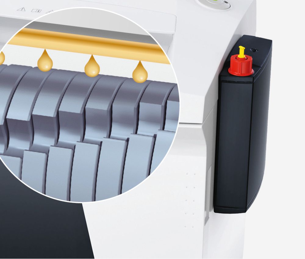 Le destructeur coupe micro-particules P7 B32 Securio 1 x 5 mm  huileur automatique HSM est équipé d'un huileur automatique externe