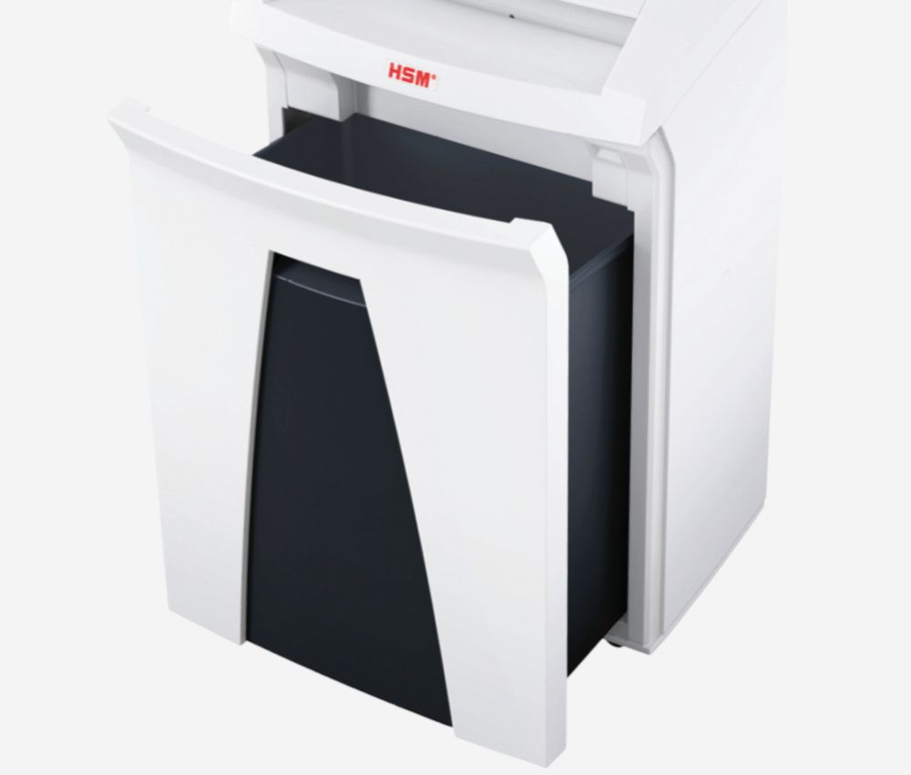 Le bac collecteur du destructeur coupe croisée P4 AF150 Securio 4,5 x 30 mm insertion papier automatique HSM se retire facilement