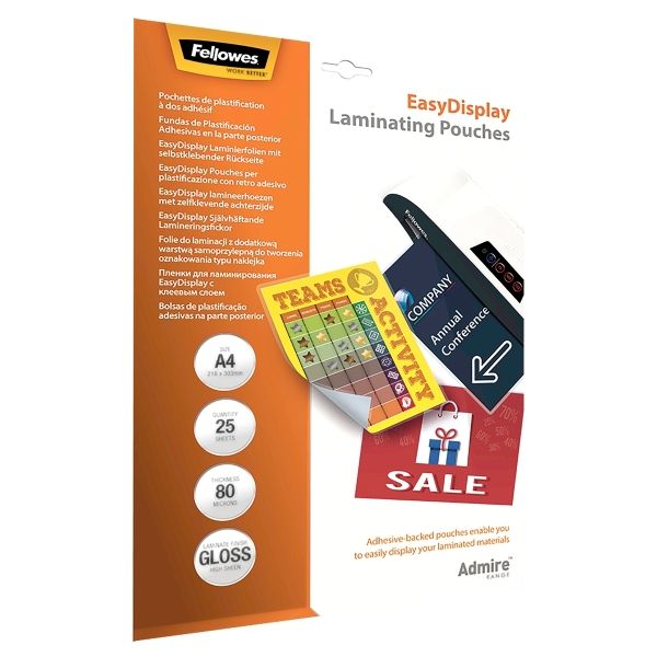25 pochettes de plastification Admire A4 80 microns brillantes - dos adhésif
