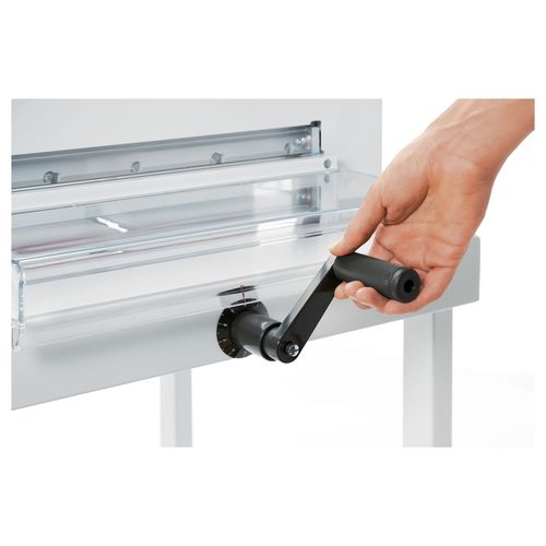 Massicot IDEAL 4305 monté sur stand avec manivelle frontale pour réglage de profondeur