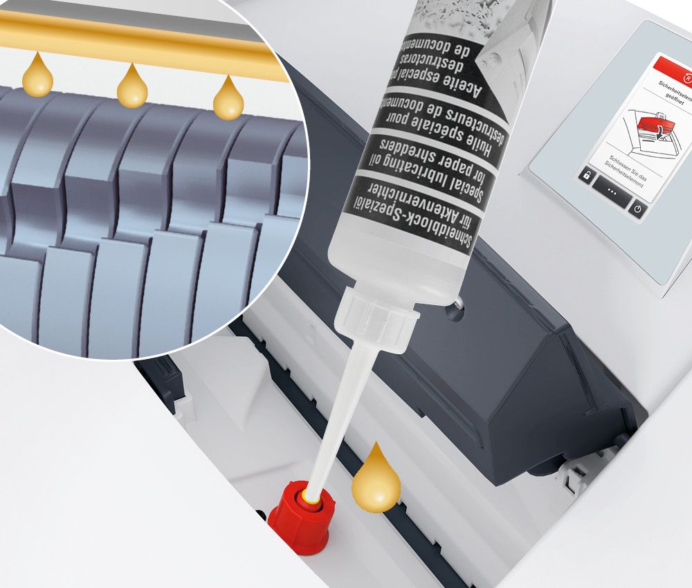 Le destructeur coupe micro-particules P7 P40i Securio 1 x 5 mm huileur automatique + bloc de coupe séparé OMDD 2 x 2 mm HSM est équipé d'un huileur automatique intégré