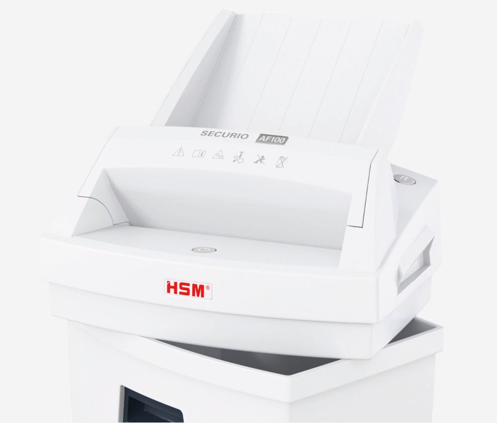 Le destructeur coupe croisée P4 AF100 Securio 4 x 25 mm insertion papier automatique HSM est équipé d'un bloc de coupe amovible